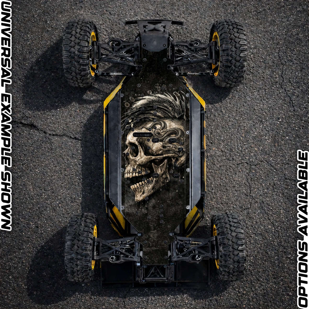 FTX DR8 "BASH HARD 2.0" chassis protector skin showcasing a skull design on an RC vehicle.