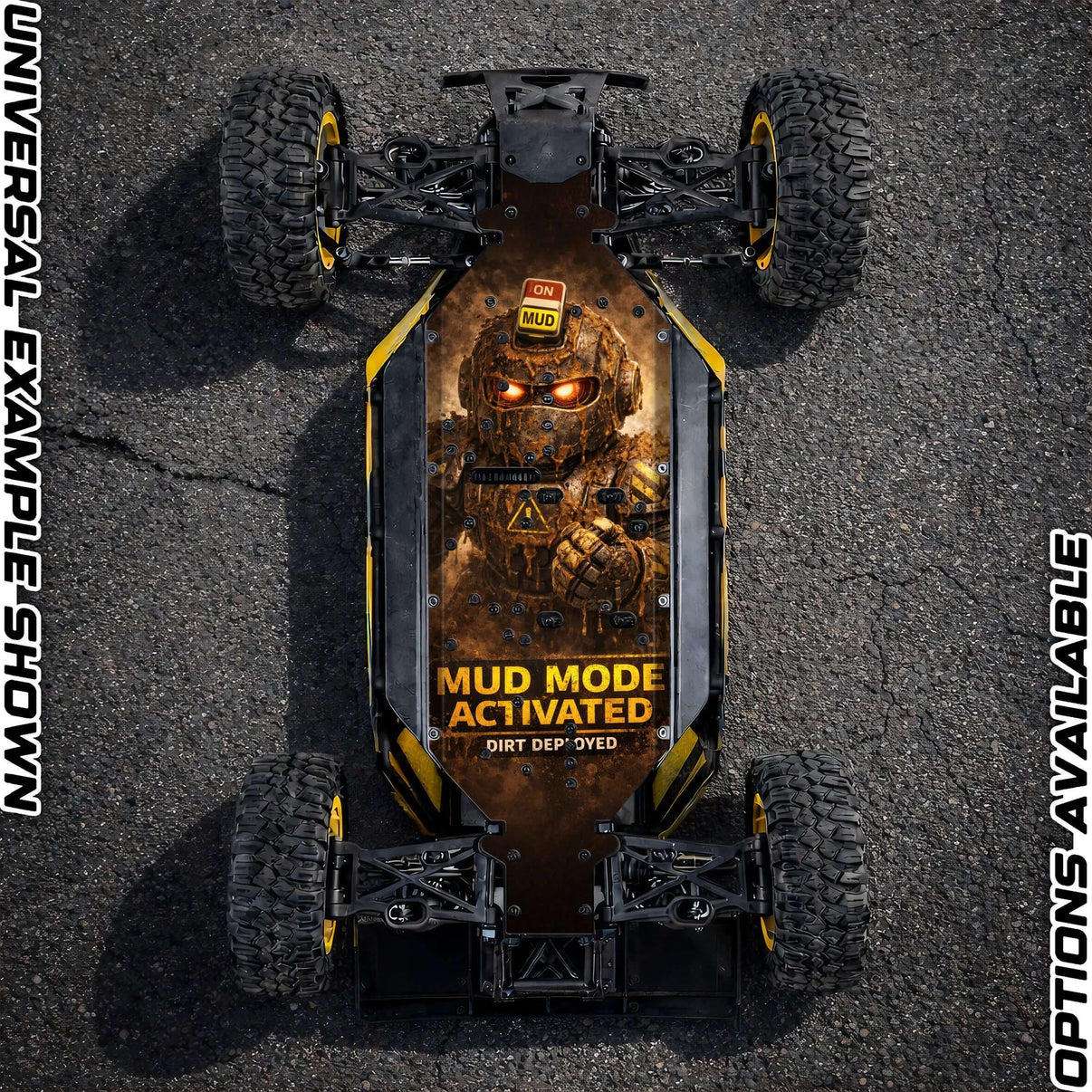 LOSI DBXL-E 2.0 chassis protector skin with bold design featuring "MUD MODE ACTIVATED" on an off-road vehicle.