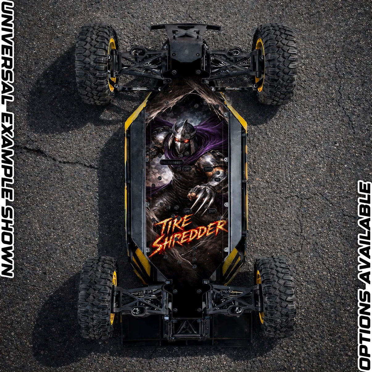 FTX DR8 "TIRE SHREDDER" chassis protector skin showcasing a vibrant design on an RC vehicle, perfect for high-speed adventures.