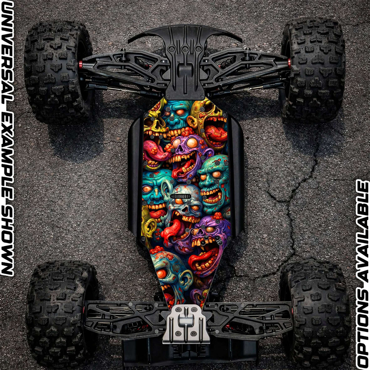 ARRMA 6S OFF-ROAD RANGE - "ZOMBIE 2.0" chassis protector skin displayed on an RC vehicle with vibrant designs.