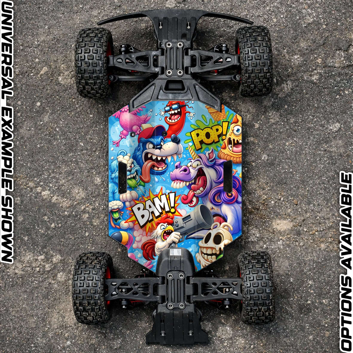 ARRMA GROM chassis protector skin featuring colorful cartoon graphics and bold designs, shown on an RC vehicle.
