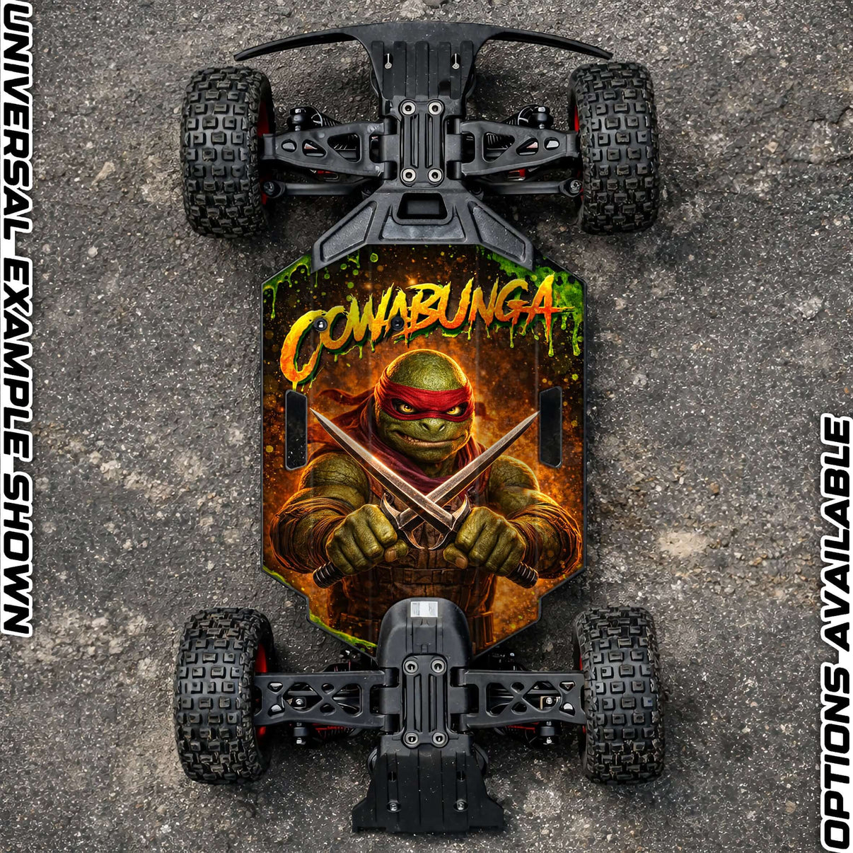 ARRMA GROM chassis protector skin with Cowabunga design for enhanced RC vehicle protection.