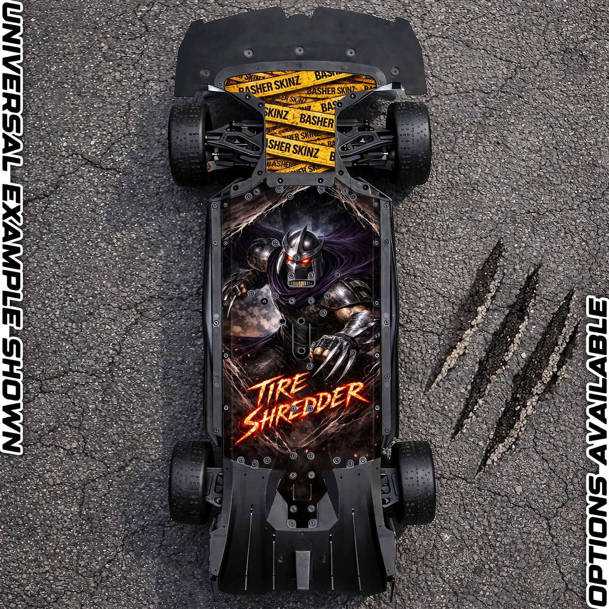 ARRMA 6S ON-ROAD RANGE - "TIRE SHREDDER" chassis protector skin on a racing chassis with bold graphic design.