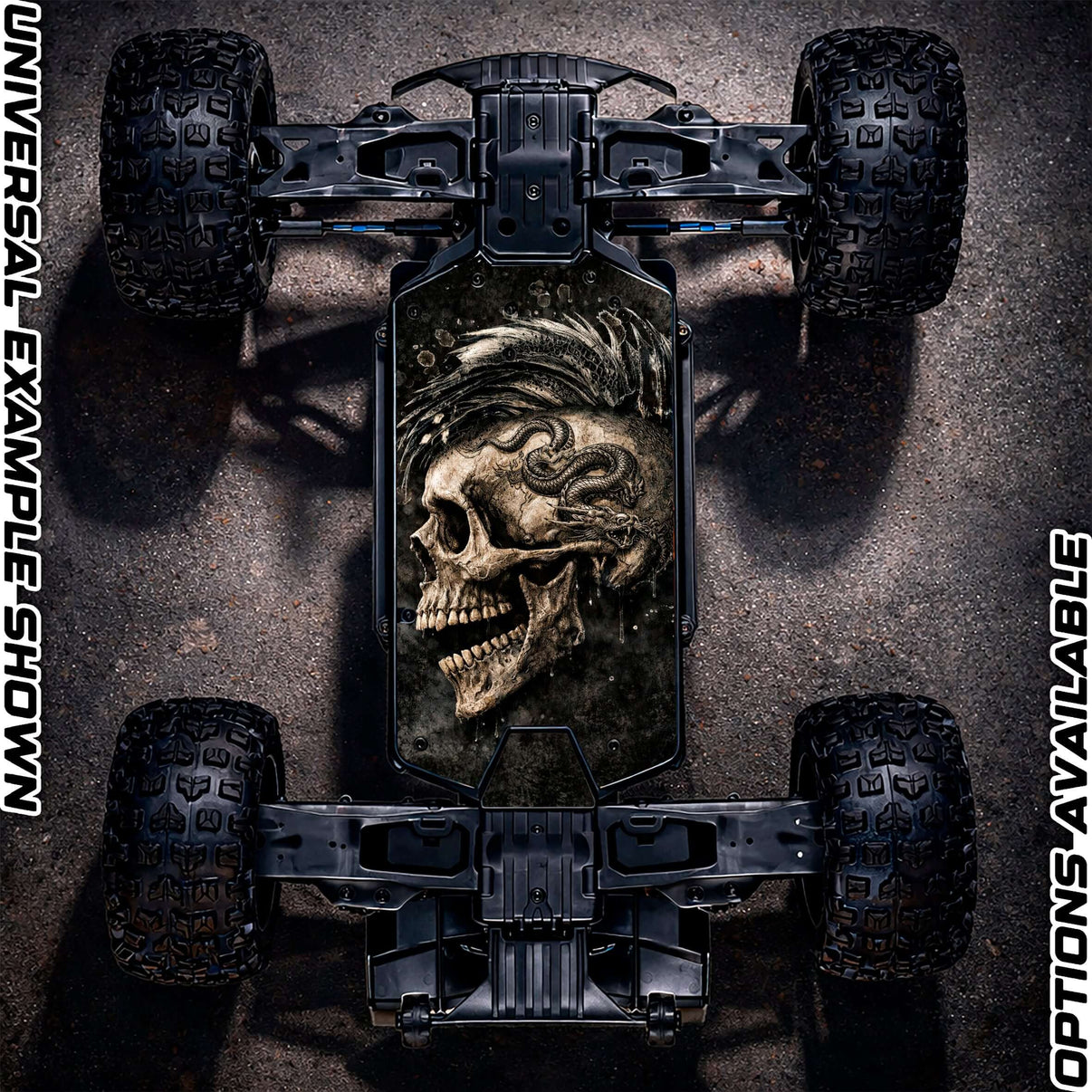 MAVERICK QUANTUM "BASH HARD 2.0" chassis protector skin with skull design on RC vehicle chassis.