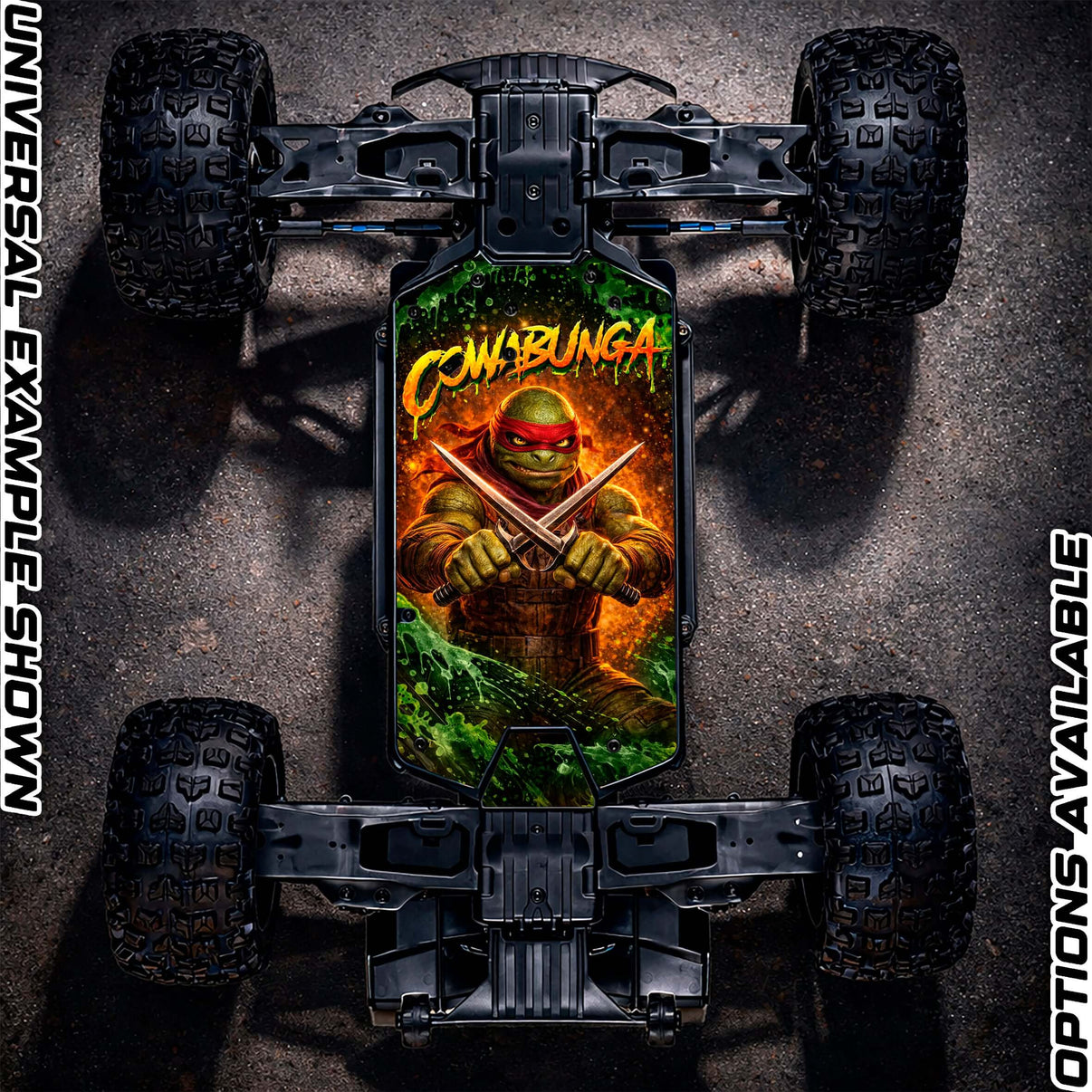 ARRMA 4S RANGE - "COWABUNGA 2.0" chassis protector skin on an RC car, showcasing vibrant design and robust protection.