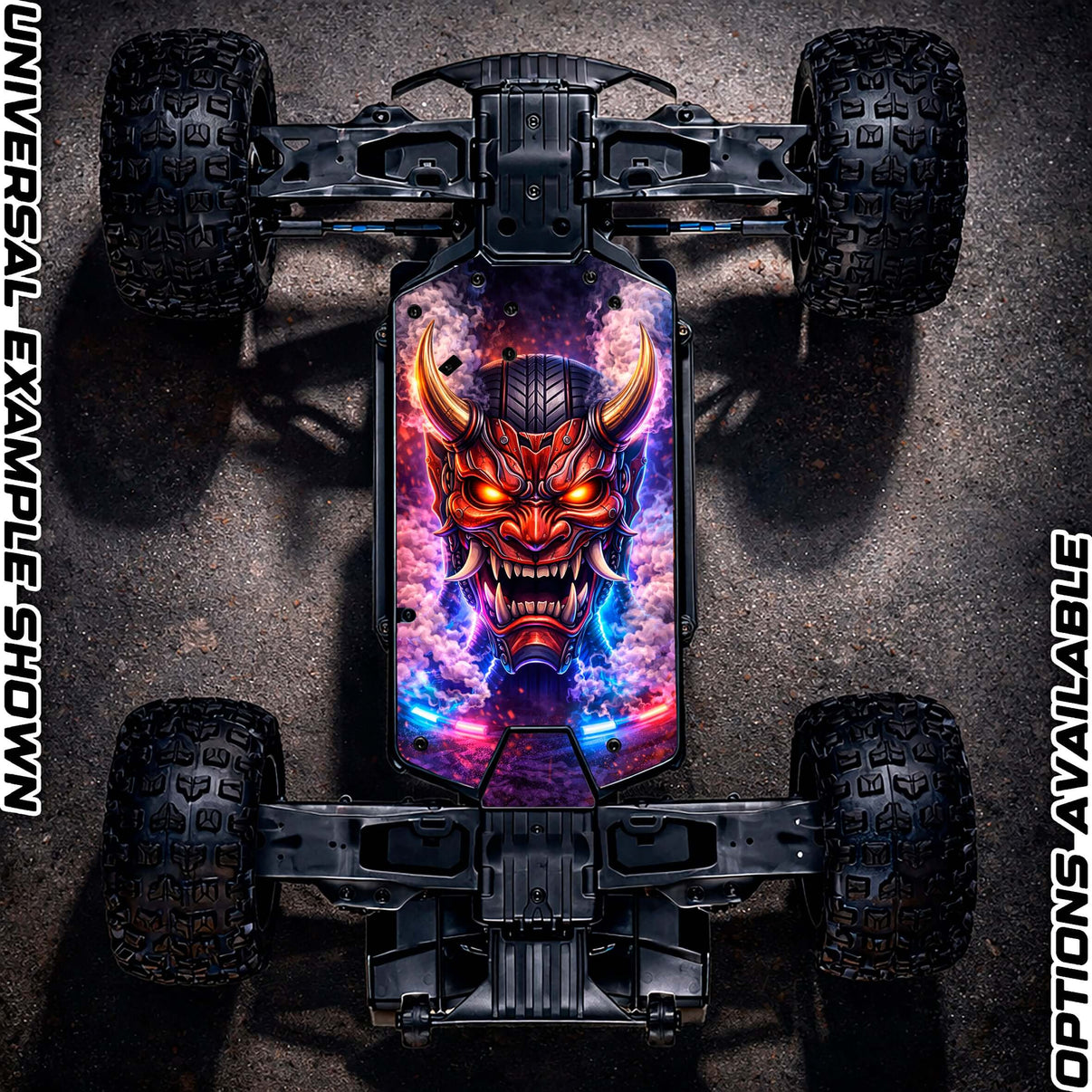 ARRMA 223S RANGE - "BURNOUT" chassis protector skin showcasing a fierce demon design on an RC chassis.