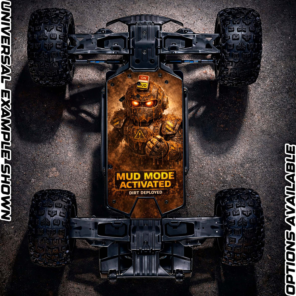 ARRMA 3S / MEGA RANGE" MUD MODE" chassis protector skin installed on a rugged RC vehicle.