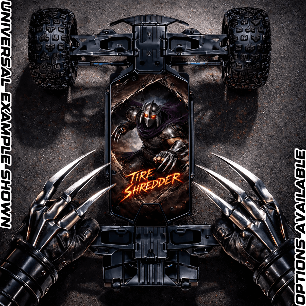 ARRMA 223S RANGE - "TIRE SHREDDER" chassis protector skin displayed on a stripped RC chassis.