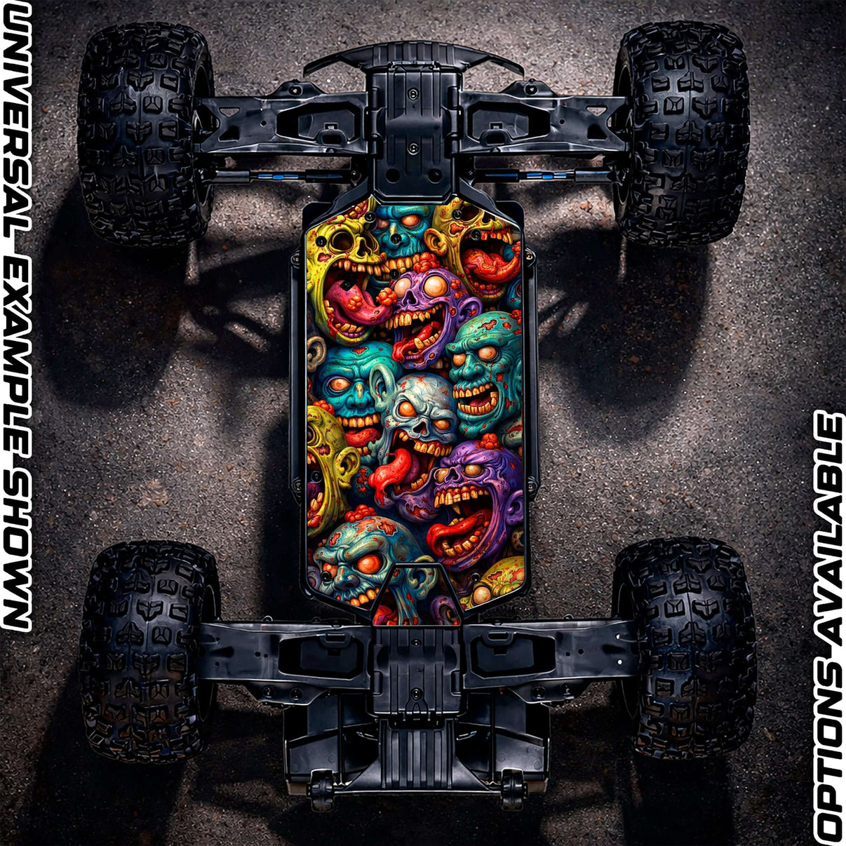 MAVERICK QUANTUM "ZOMBIE 2.0" chassis protector skin featuring colorful zombie graphics on RC chassis.