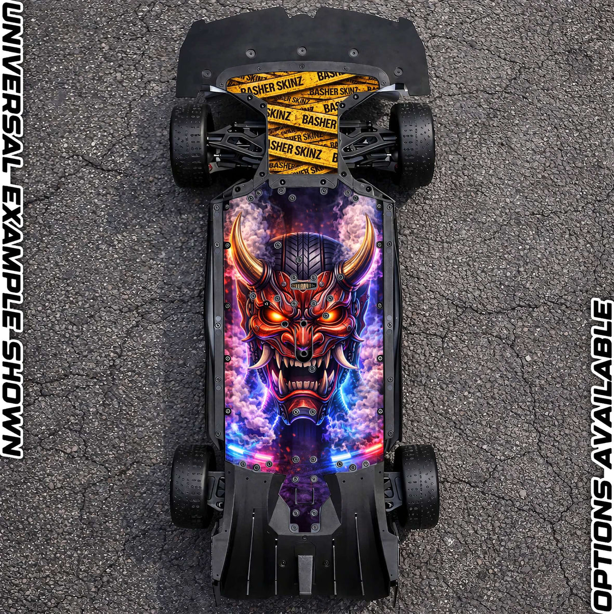 ARRMA 6S ON-ROAD RANGE - "BURNOUT" chassis protector skin on a racing car, showcasing vibrant design and chassis protection.