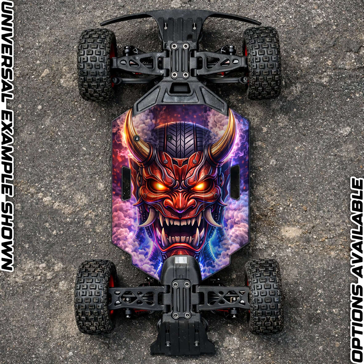 ARRMA GROM chassis protector skin with a fierce dragon design on an RC car chassis.