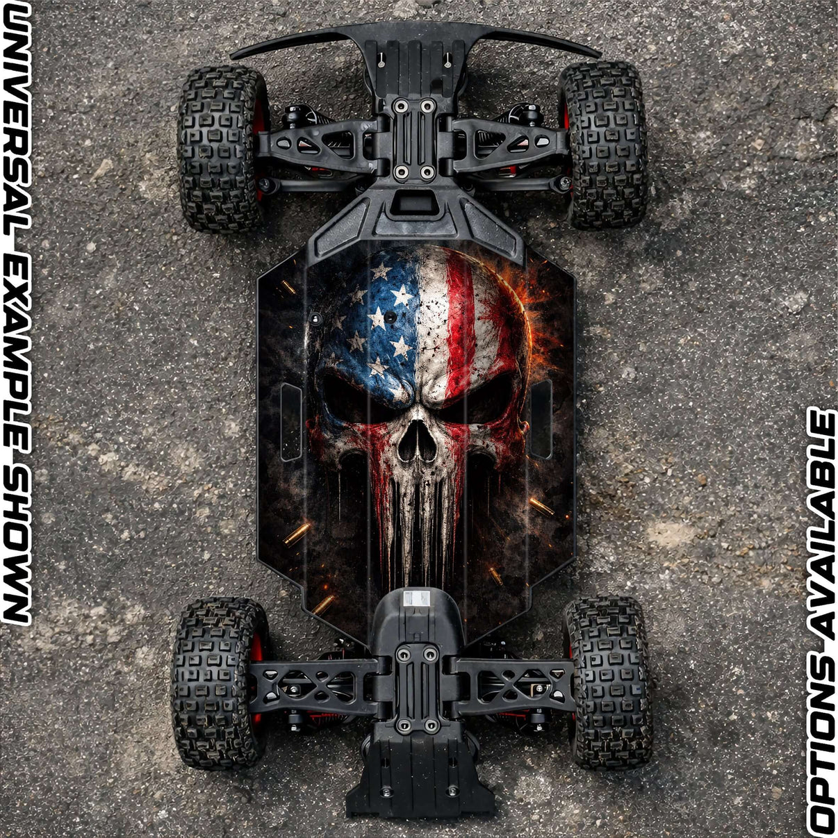 ARRMA GROM chassis protector skin featuring a skull design with an American flag. Elevate your RC vehicle protection.