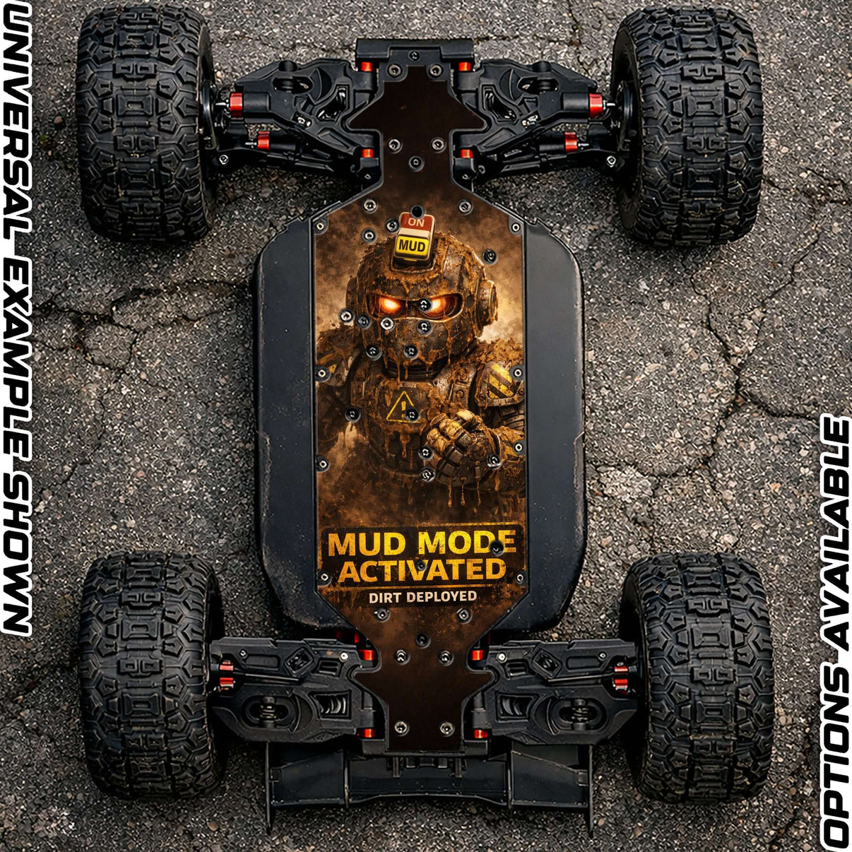 ARRMA 8S RANGE - "MUD MODE" chassis protector skin showcased on an RC vehicle with rugged wheels and bold graphics.