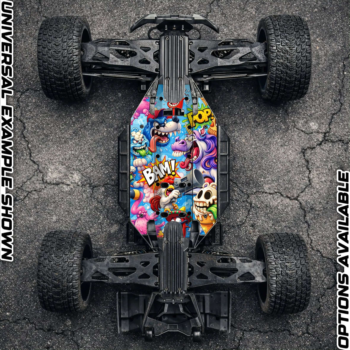 TRAXXAS XMAXX chassis protector skin featuring vibrant graphics and bold designs for enhanced RC performance.