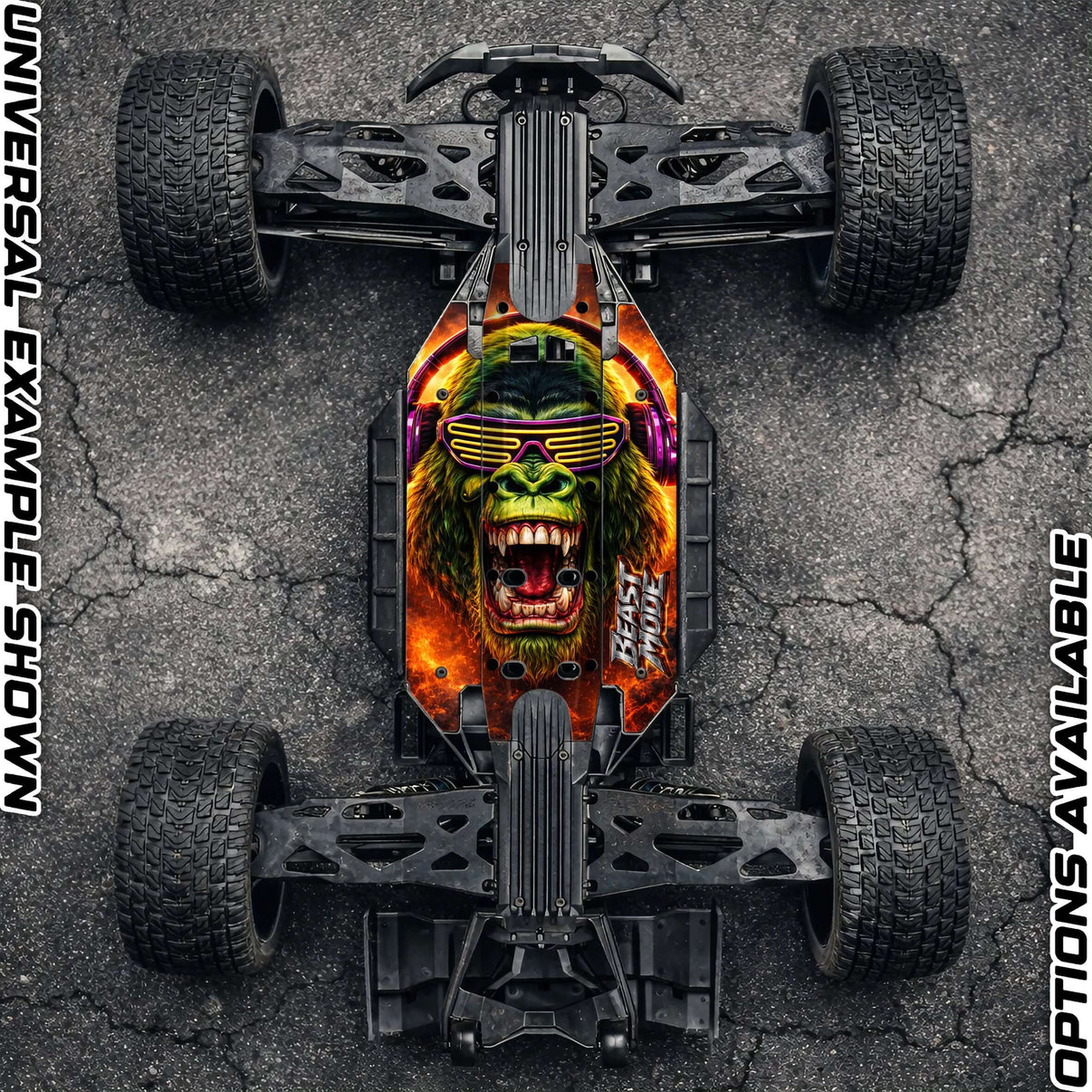 TRAXXAS XMAXX chassis protector skin featuring a vibrant gorilla design on an RC vehicle.