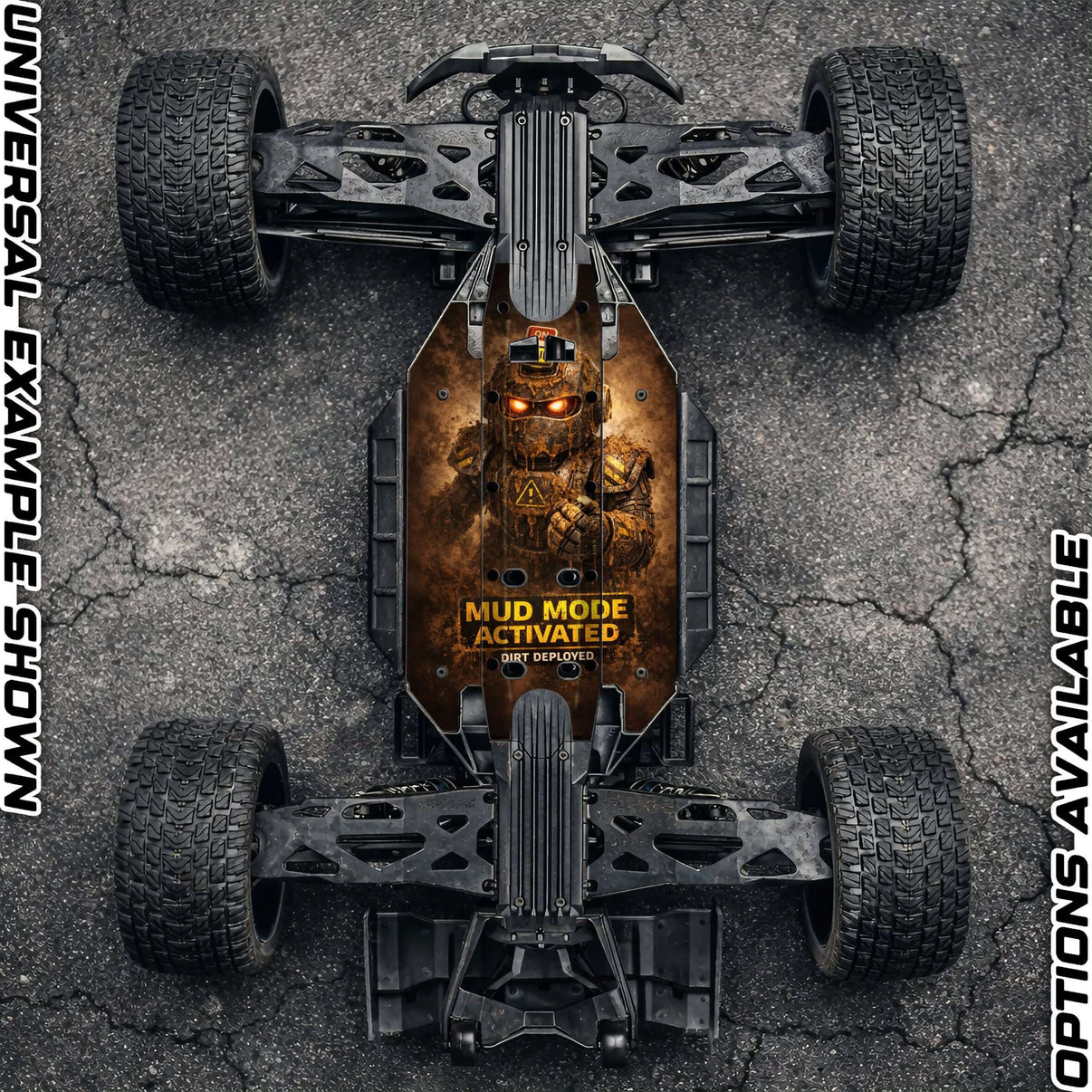 TRAXXAS XMAXX compatible "MUD MODE" chassis protector skin displayed on an RC vehicle model.