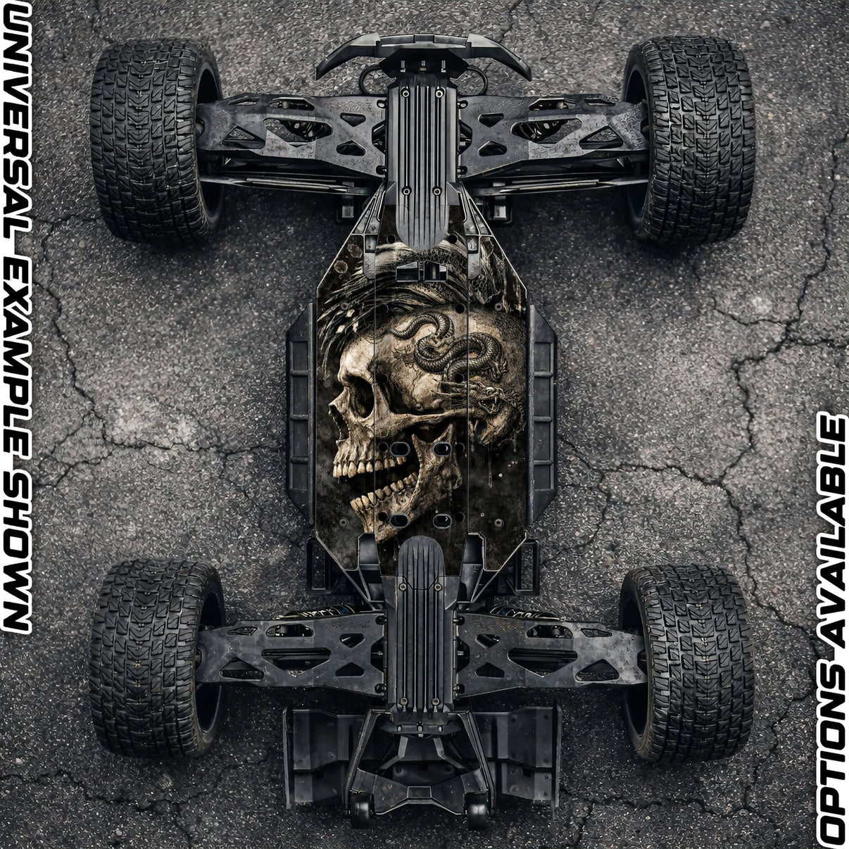 TRAXXAS XMAXX chassis protector featuring a bold skull design for enhanced protection and style.