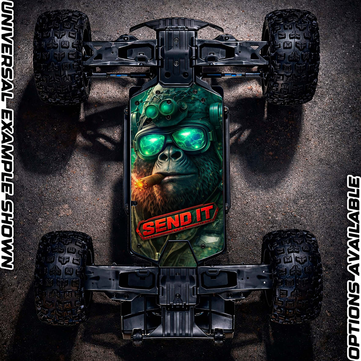 ARRMA 4S chassis protector skin featuring a gorilla graphic, vibrant colors, and bold 'SEND IT' slogan, ideal for RC vehicles.