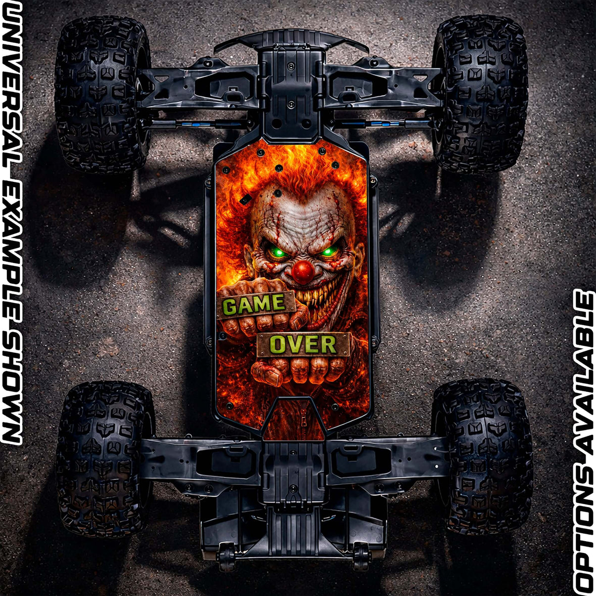 ARRMA 223S chassis protector skin featuring a clown design with the text 'GAME OVER', offering both style and protection for your RC vehicle.