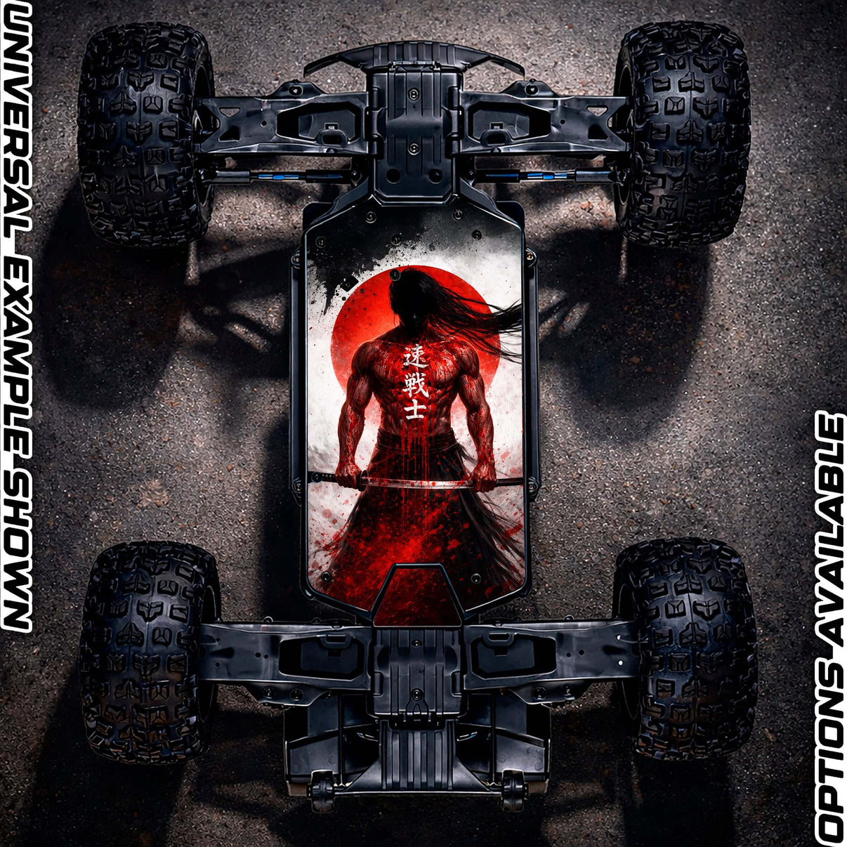 ARRMA 3S / MEGA RANGE" SAMURAI 2.0" chassis protector skin showcased on an RC vehicle with dramatic design.