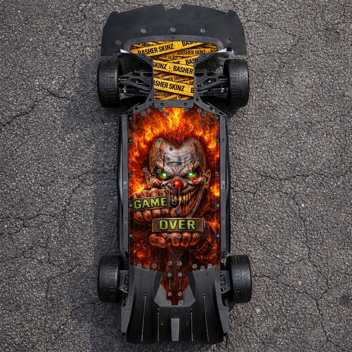 ARRMA 6S ON-ROAD RANGE - "GAME OVER" chassis protector skin with a scary clown design and fiery background.