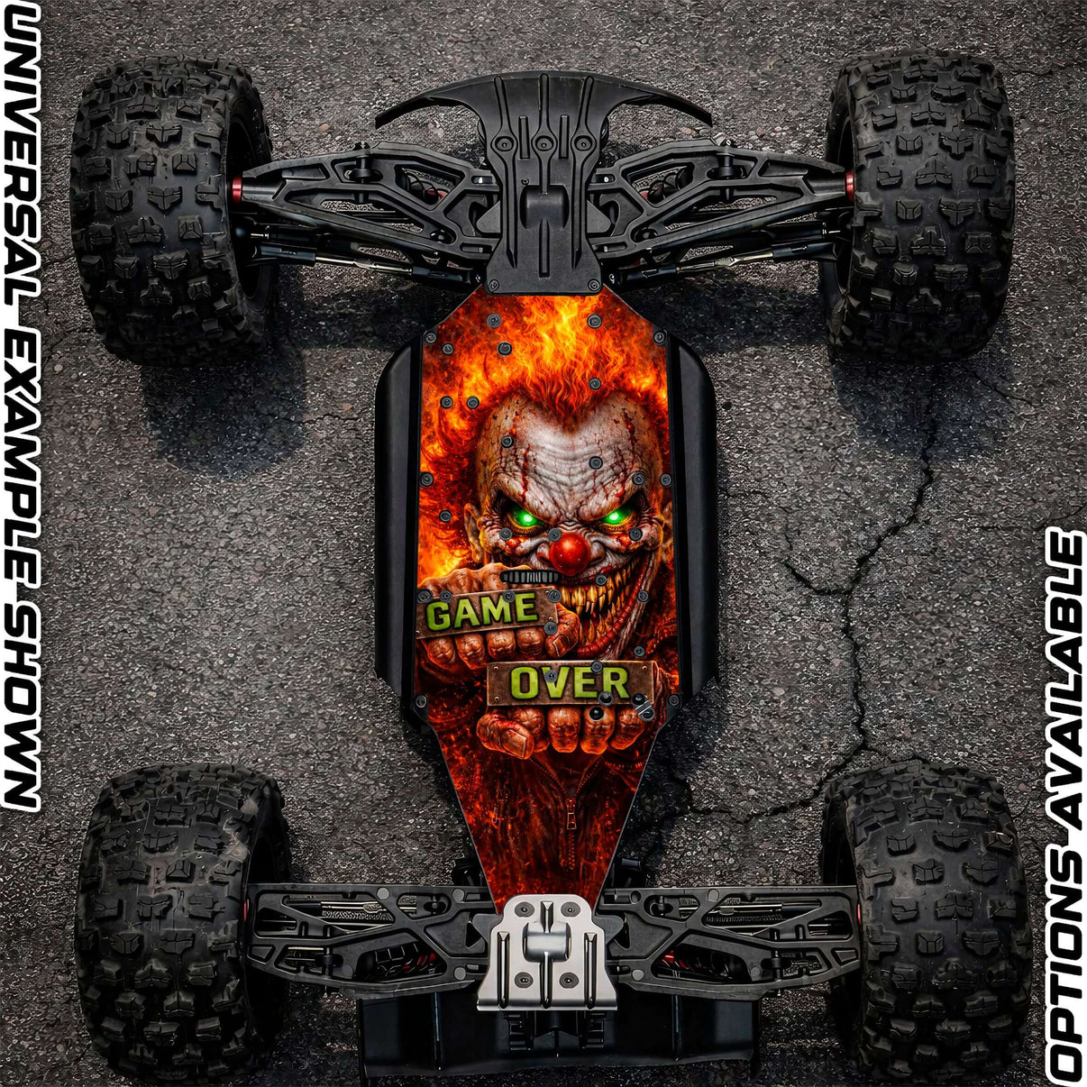 ARRMA 6S off-road chassis protector skin with fiery clown design and bold 'GAME OVER' text.