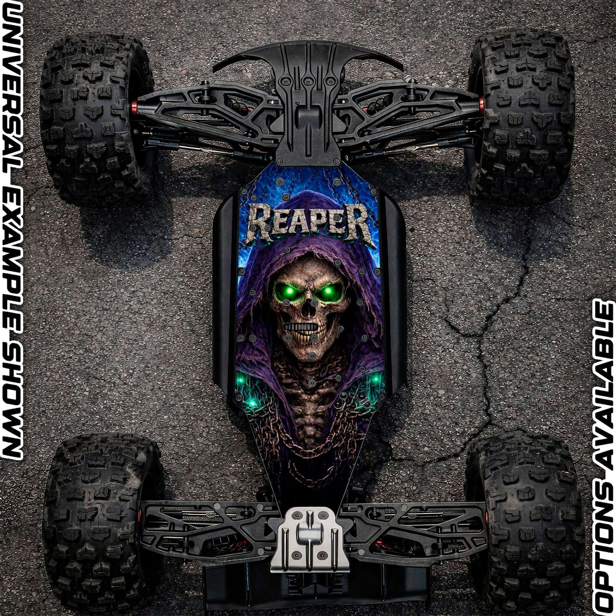 ARRMA Reaper 2.0 chassis protector skin displayed on an off-road RC vehicle with a skull and green eyes design.