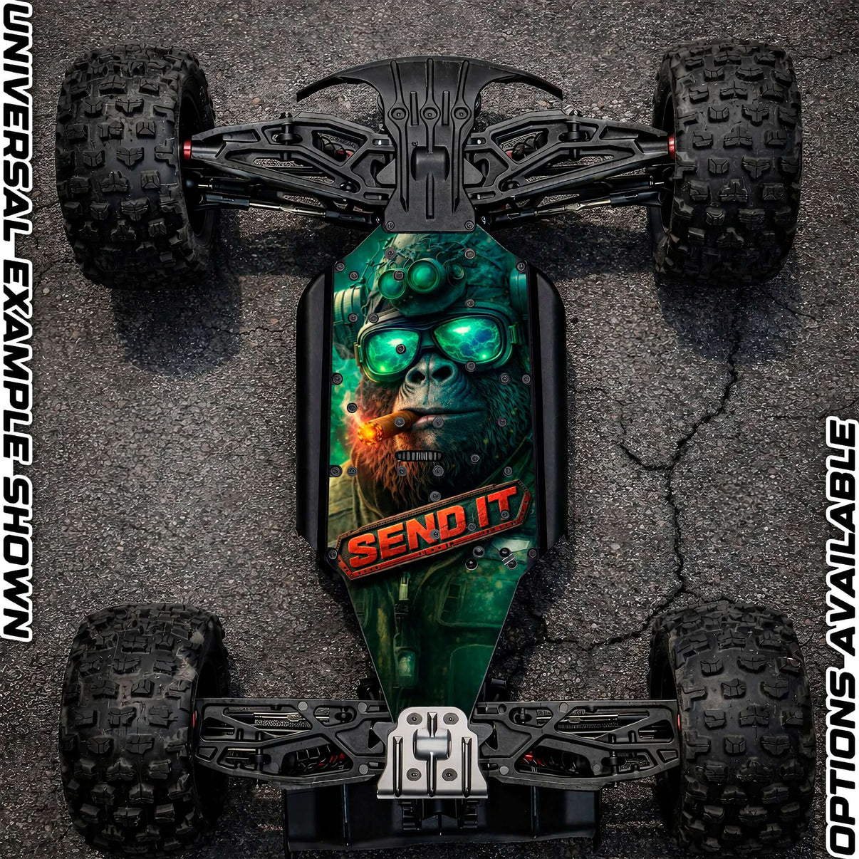 ARRMA 6S off-road chassis protector featuring a striking design with a monkey wearing glasses and the text 'SEND IT'.