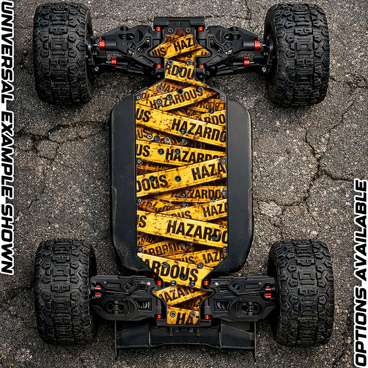 Corally 6S off-road chassis protector with yellow 'HAZARDOUS' design on an RC vehicle.
