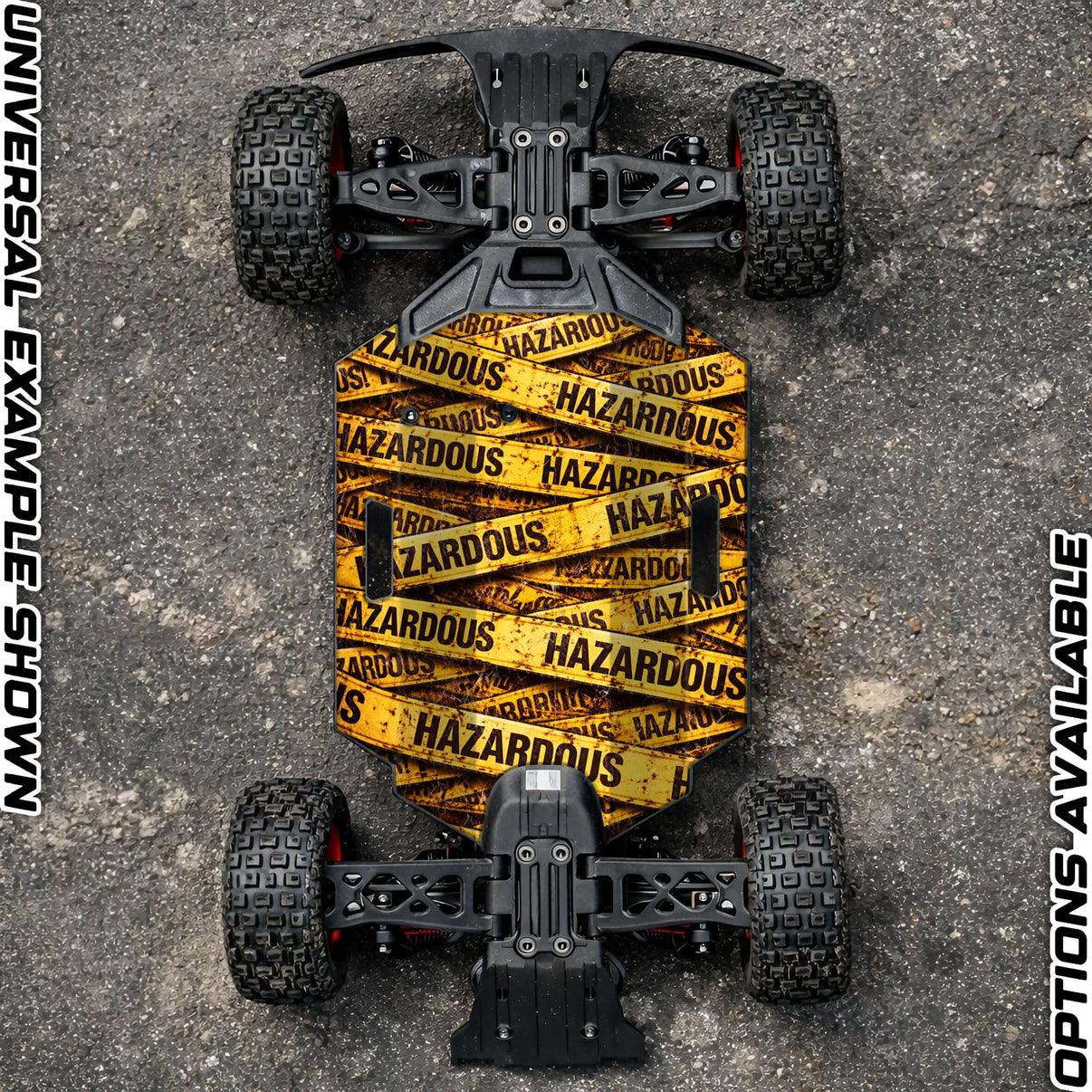 ARRMA GROM chassis protector skin with a bold hazardous design on a remote-controlled car.