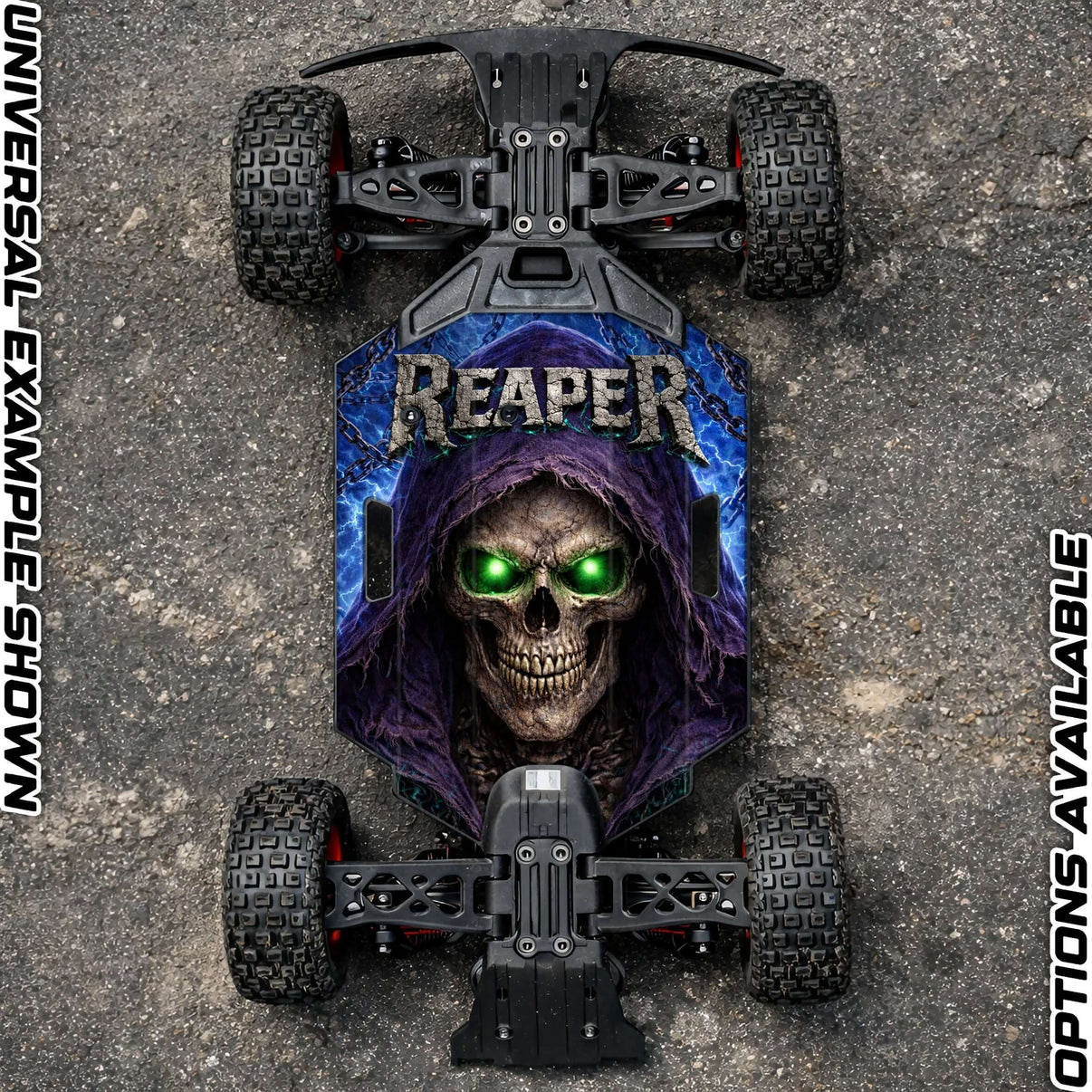 ARRMA GROM REAPER 2.0 chassis protector design featuring a skull and glowing green eyes on an RC chassis.