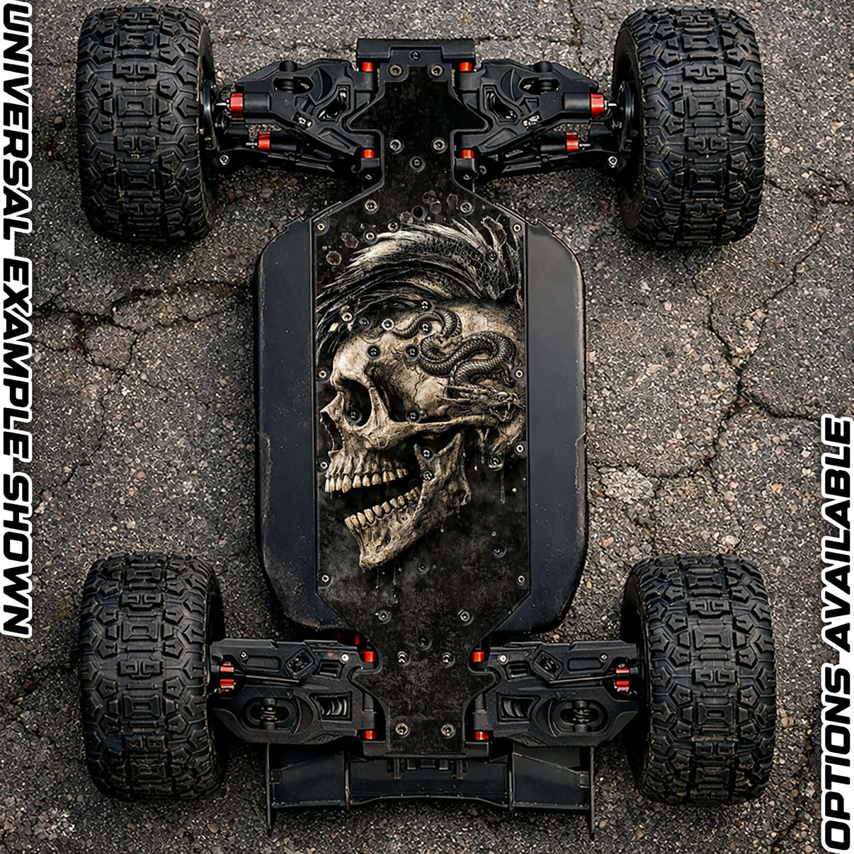 ARRMA 8S RANGE - "BASH HARD 2.0" chassis protector skin on an RC vehicle, showcasing a skull design and rugged features.