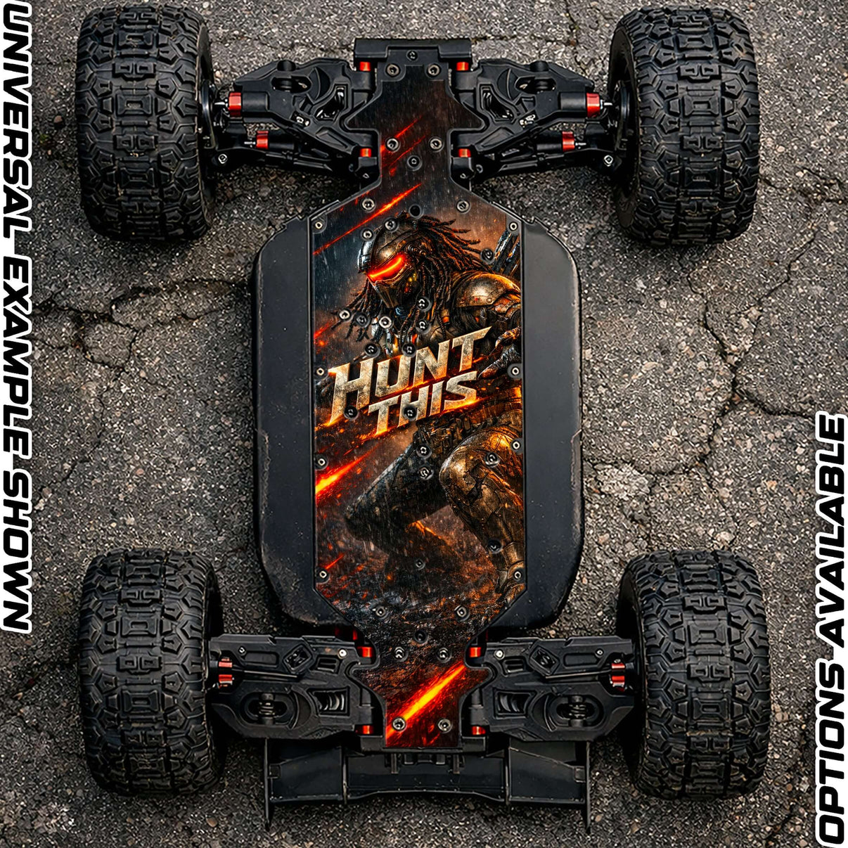 ARRMA 8S RANGE - "HUNT THIS 2.0" chassis protector skin displayed on an RC vehicle.