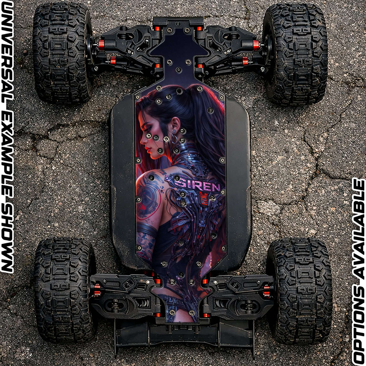 SIREN 2.0 chassis protector skin displayed on an RC vehicle chassis, showcasing bold design and protection.