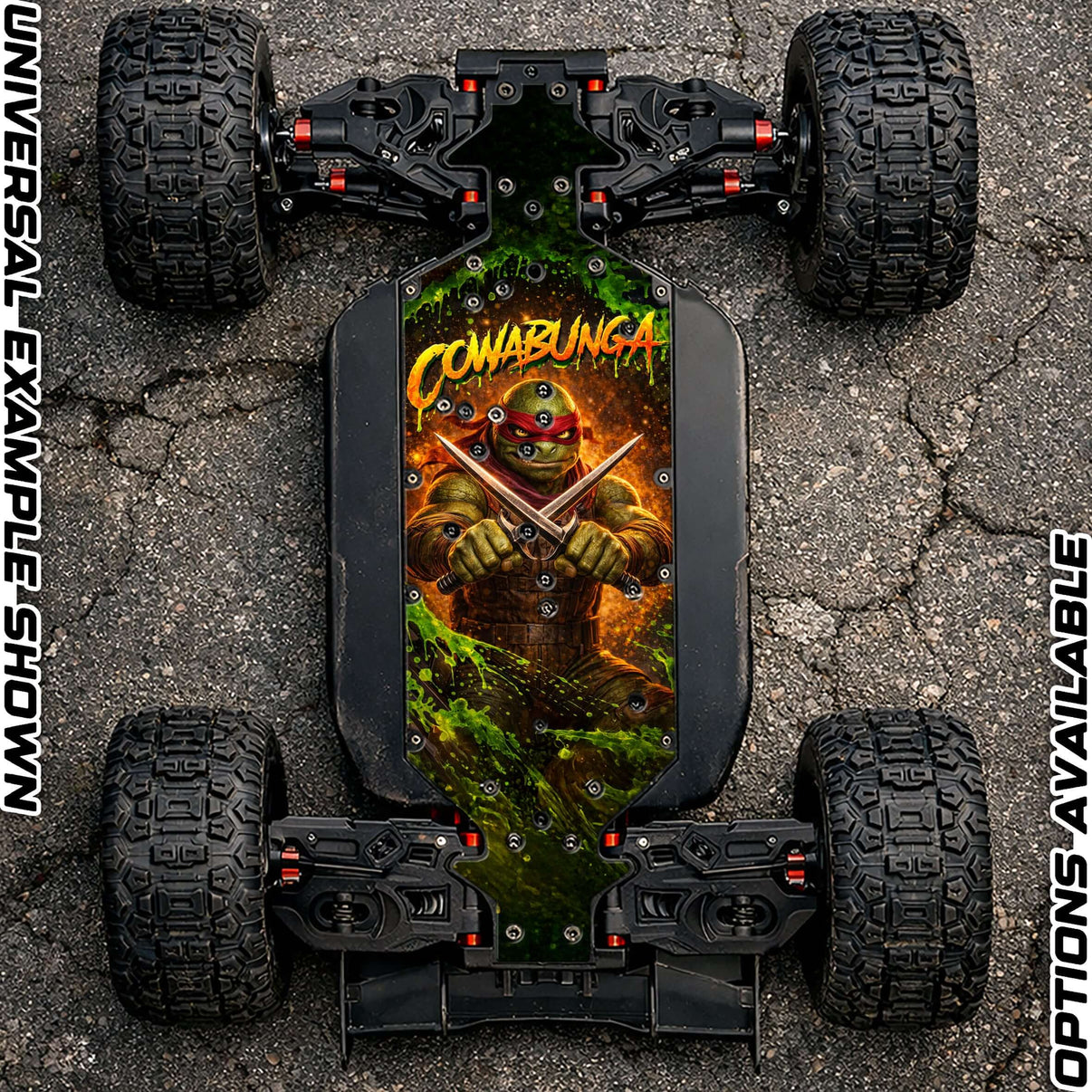 ARRMA 8S RANGE - "COWABUNGA 2.0" chassis protector skin showcasing vibrant design on a high-performance RC vehicle.