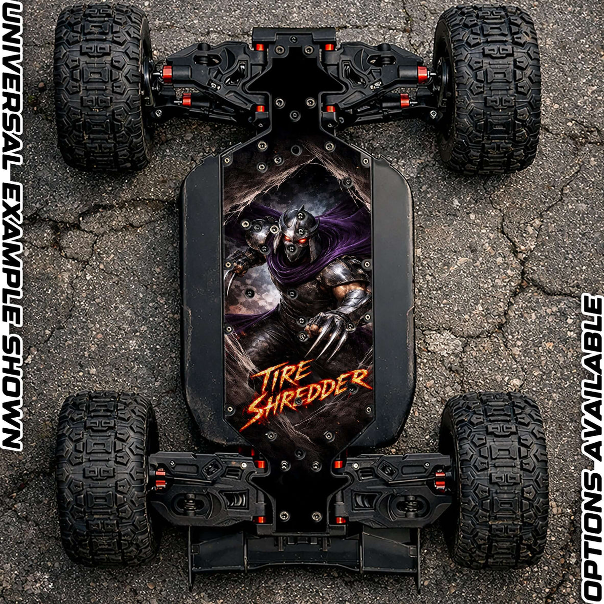 ARRMA 8S RANGE - "TIRE SHREDDER" chassis protector skin on an RC vehicle with bold design.