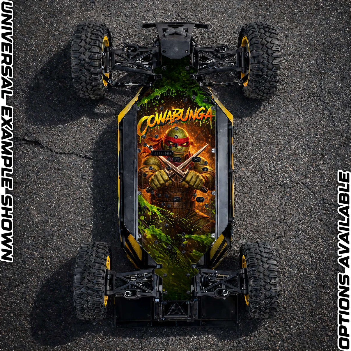 FTX DR8 "COWABUNGA 2.0" chassis protector skin showcased on an RC car, featuring bold graphics and enhanced protective design.