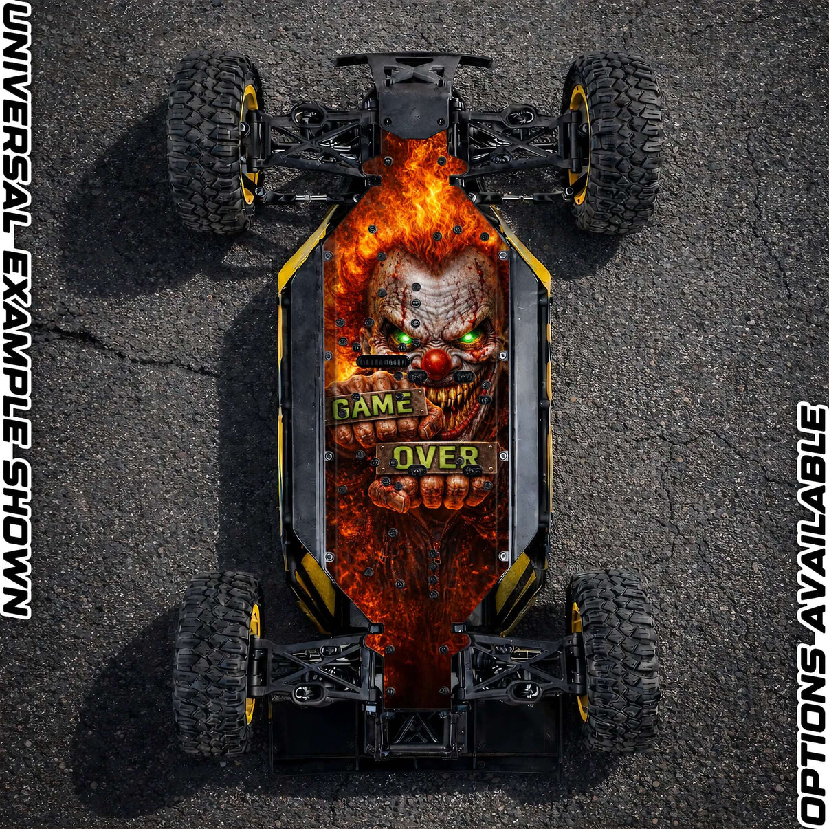Losi 5T chassis protector skin featuring a fiery clown design with the words 'GAME OVER' for enhanced RC car style.