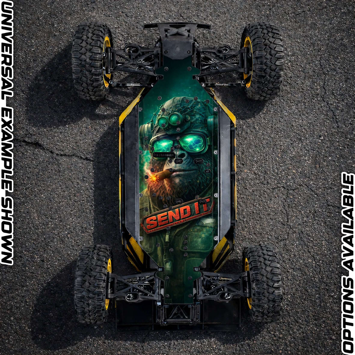 Losi 5T chassis protector skin featuring bold graphics and vibrant colors for optimum RC vehicle protection.