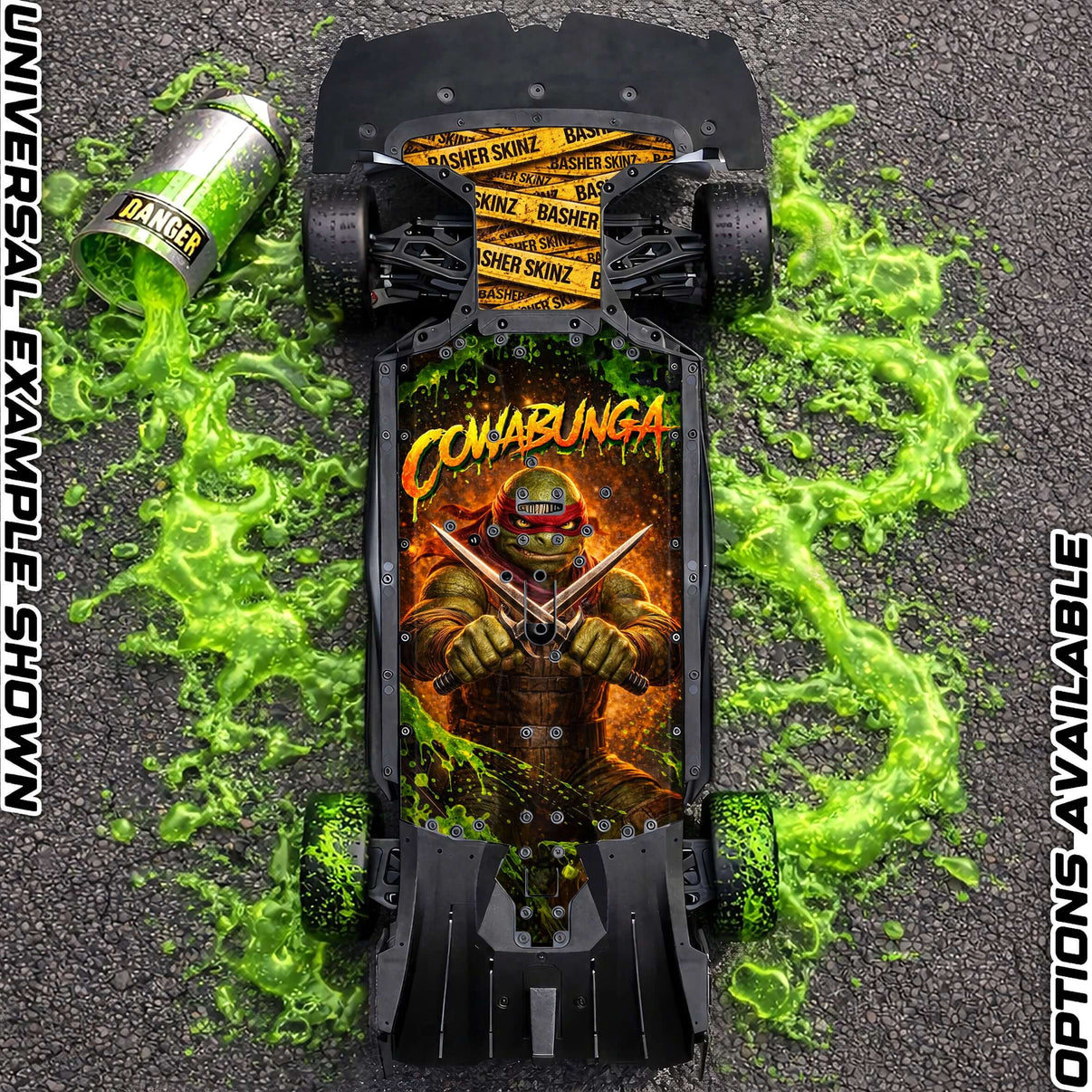 ARRMA 6S ON-ROAD RANGE - "COWABUNGA 2.0" chassis protector skin with bold design and custom flair for RC vehicles.