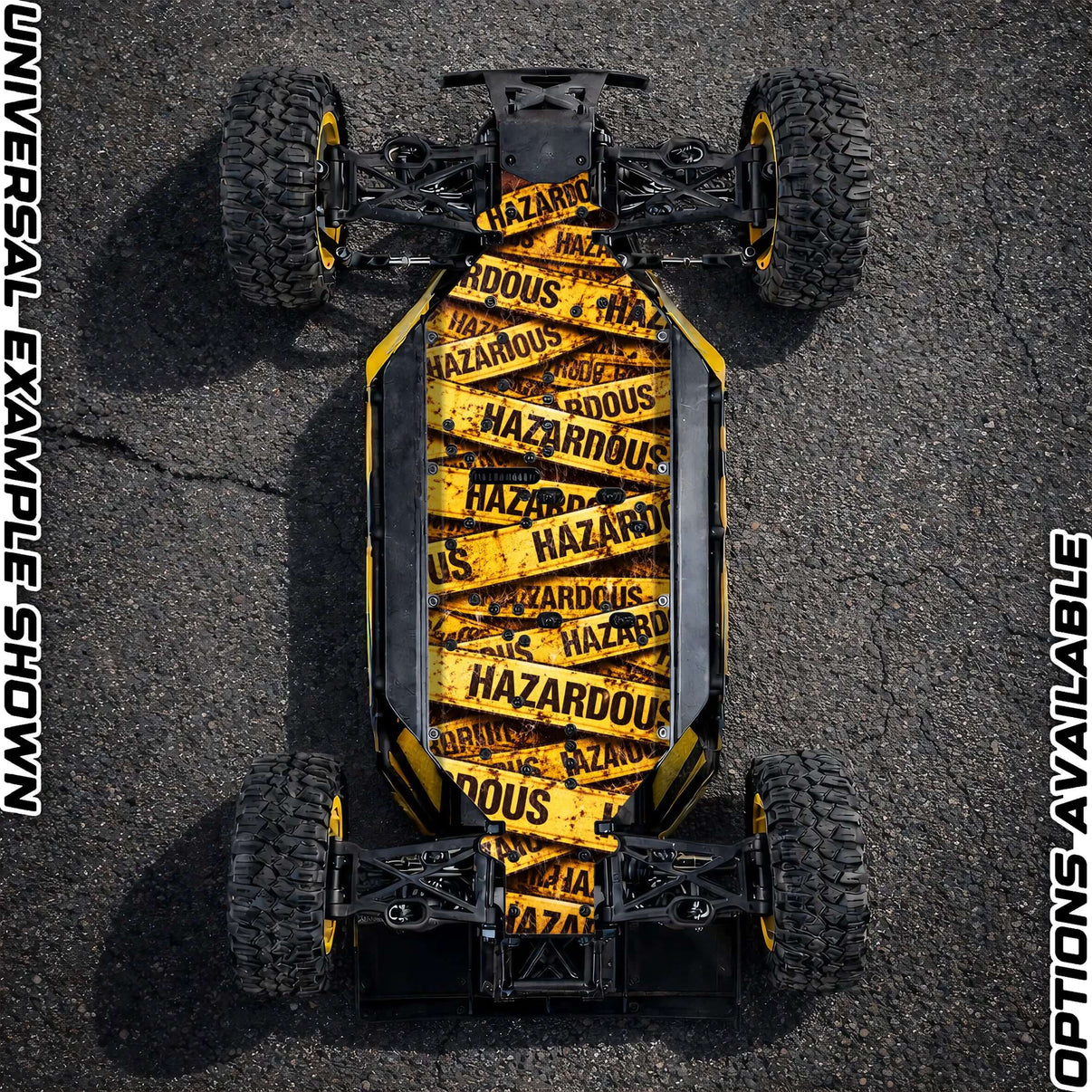 HAZARDOUS 2.0 chassis protector skin displayed on a remote control vehicle, showcasing bold design for enhanced protection.