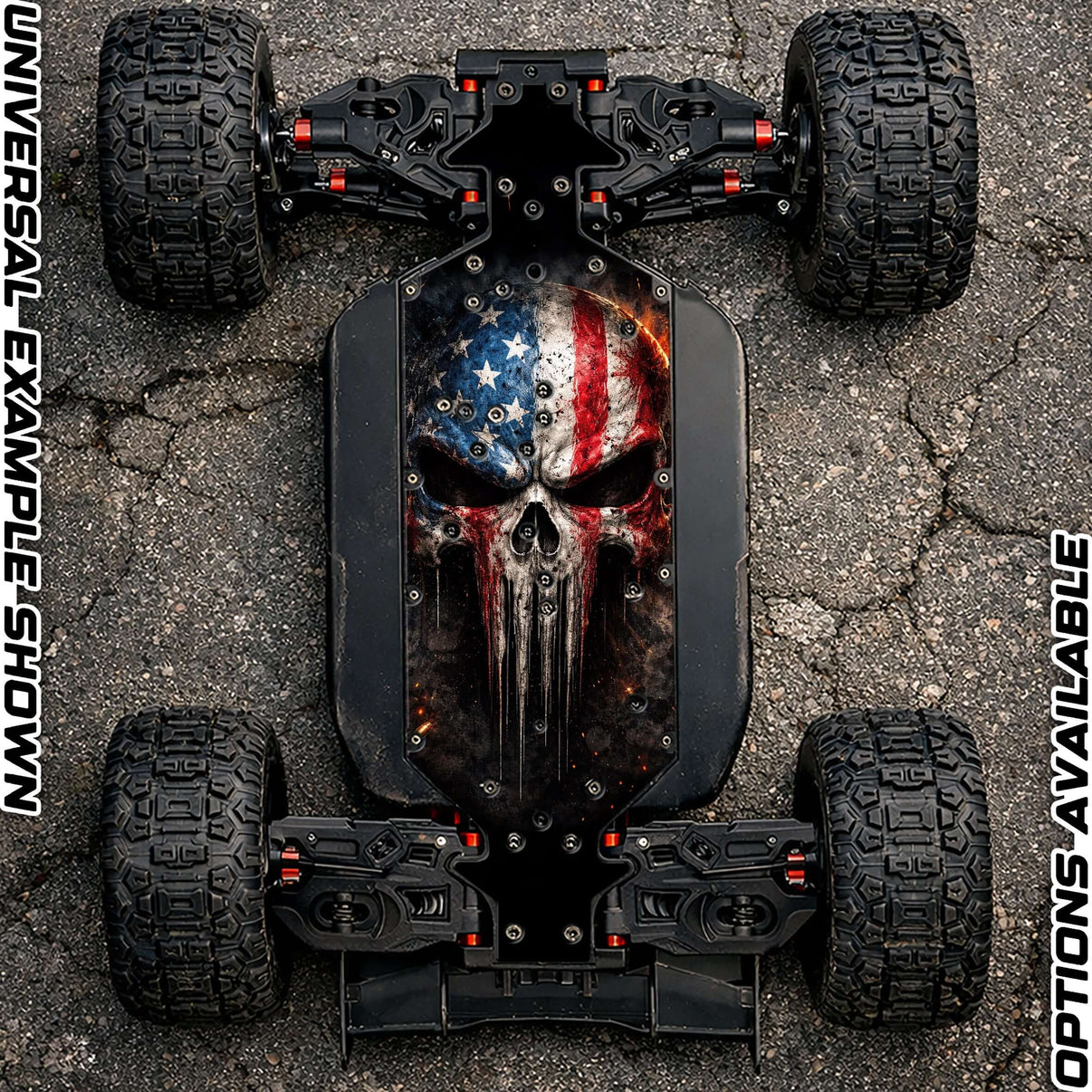 CORALLY 6S OFF-ROAD RANGE - "VIGILANTE" chassis protector skin shown on an RC vehicle with a bold design.