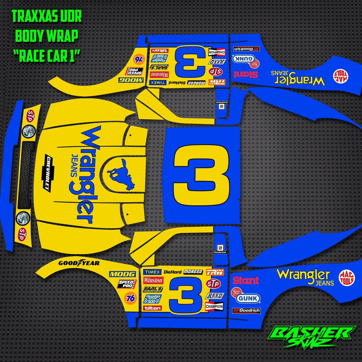 TRAXXAS UDR - "YELLOW/BLUE RACE CAR" BODY WRAP - BASHER SKINZ