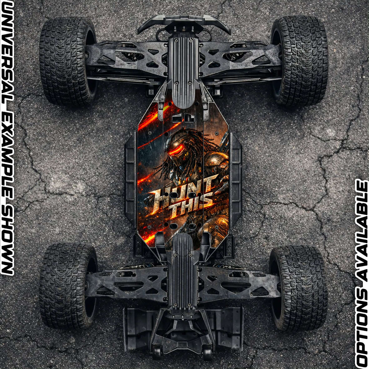 TRAXXAS XMAXX chassis protector skin design featuring bold graphics for enhanced RC performance.