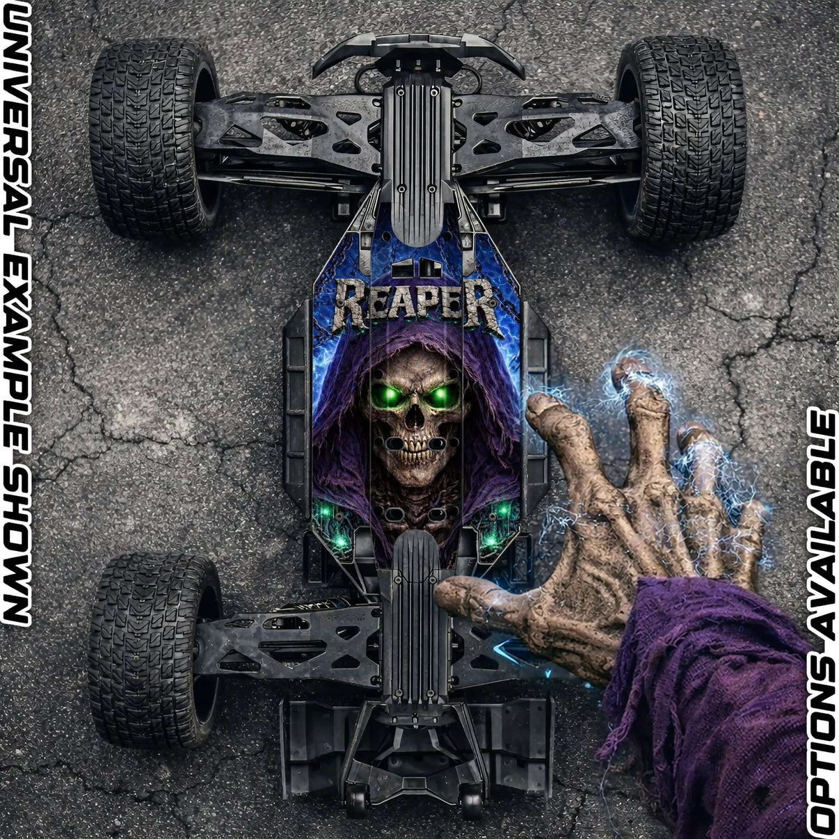 TRAXXAS XRT chassis protector skin featuring a skeleton design and bold graphics on an RC chassis.