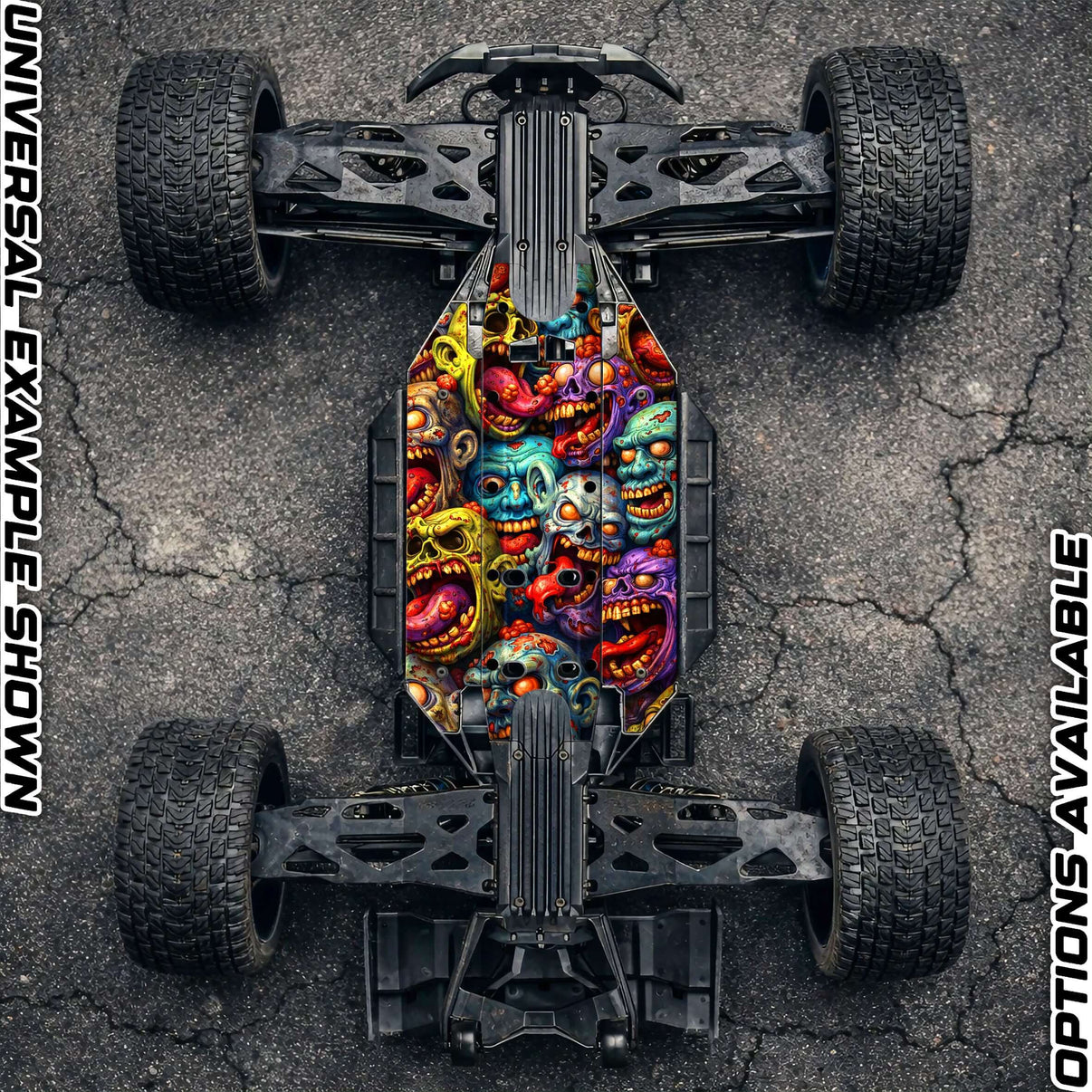 TRAXXAS XMAXX chassis protector skin with bold zombie design on an RC chassis, showcasing vibrant colors and detailed graphics.